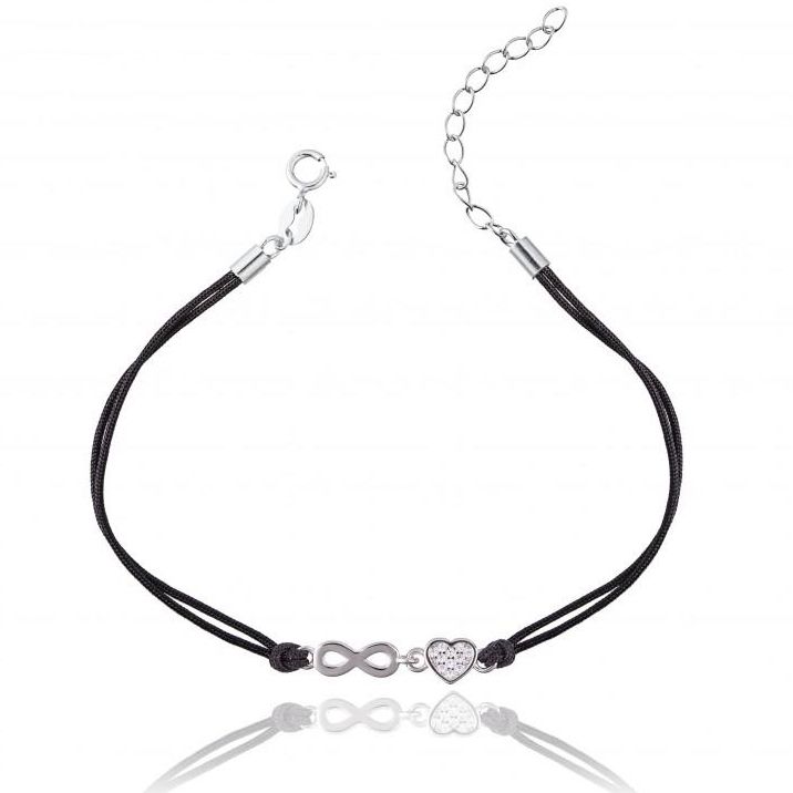 NUBIS Černý náramek se stříbrným nekonečnem a srdíčkem - IT0011-K